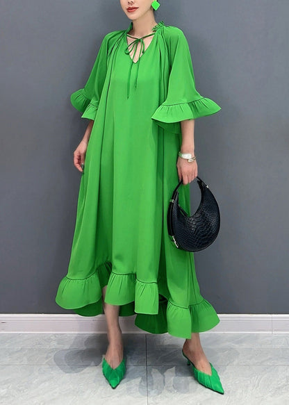 Green Tie Lace Patchwork Maxi Dresses Fall Ao1029