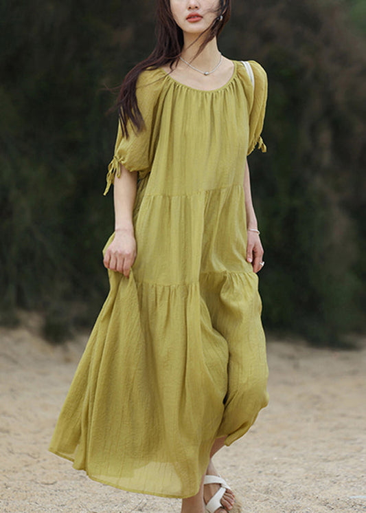 Green Wrinkled Maxi Dress Short Sleeve Ww025