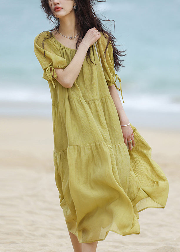 Green Wrinkled Maxi Dress Short Sleeve Ww025