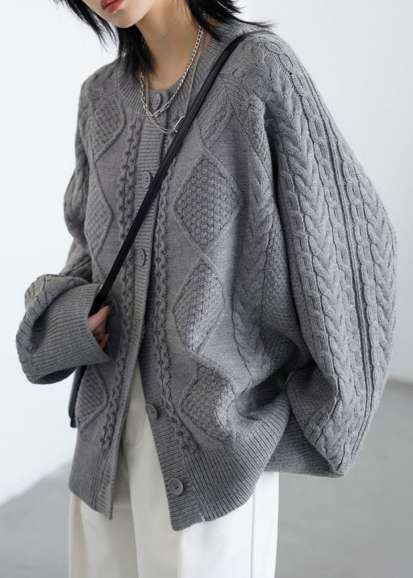 Grey Button Cozy Loose Knit Coat O Neck Spring Yw020