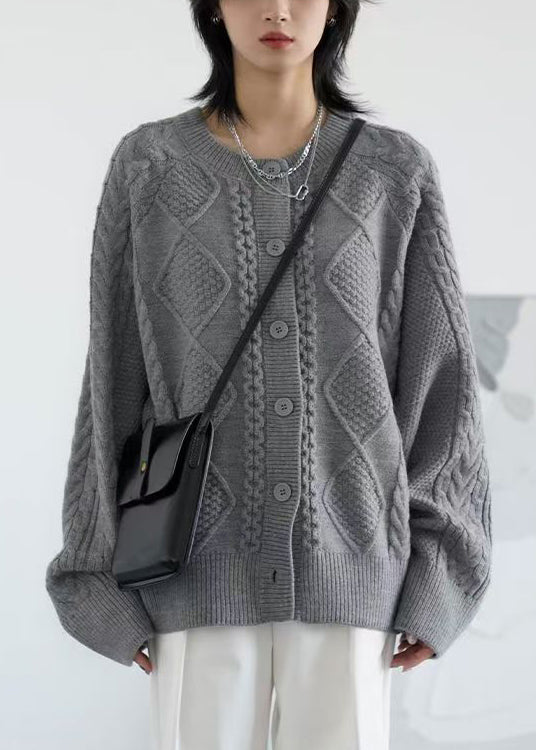 Grey Button Cozy Loose Knit Coat O Neck Spring Yw020