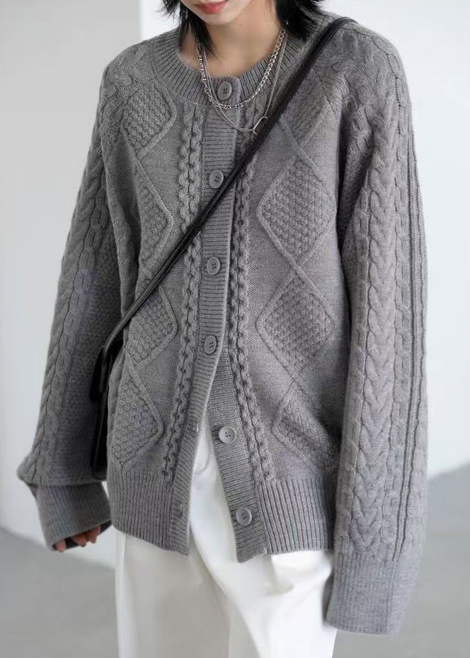 Grey Button Cozy Loose Knit Coat O Neck Spring Yw020