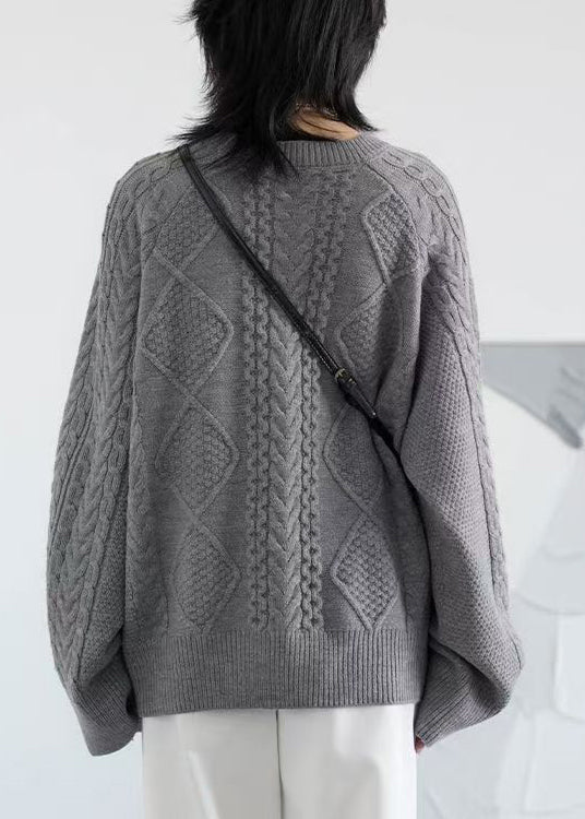 Grey Button Cozy Loose Knit Coat O Neck Spring Yw020
