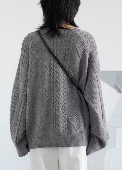 Grey Button Cozy Loose Knit Coat O Neck Spring Yw020