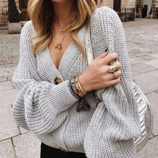 Grey Cozy Soft Knit Button V-neck Basic Autumn Winter Cardigan