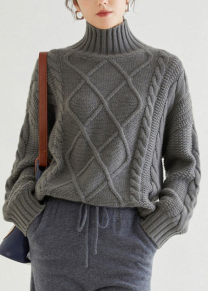 Grey Cozy Cable Cashmere Sweaters Turtleneck Spring Yw045