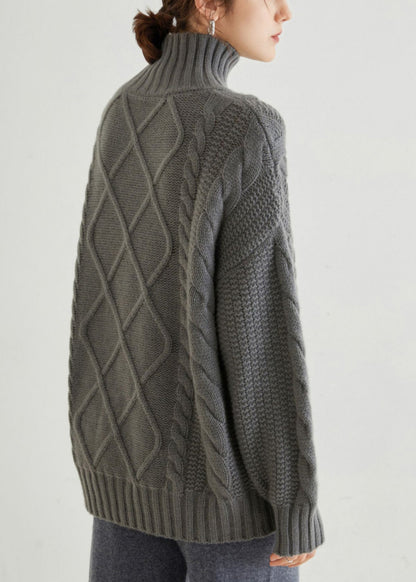 Grey Cozy Cable Cashmere Sweaters Turtleneck Spring Yw045