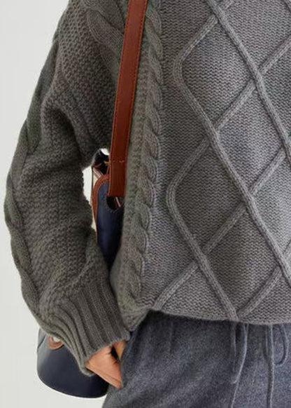 Grey Cozy Cable Cashmere Sweaters Turtleneck Spring Yw045