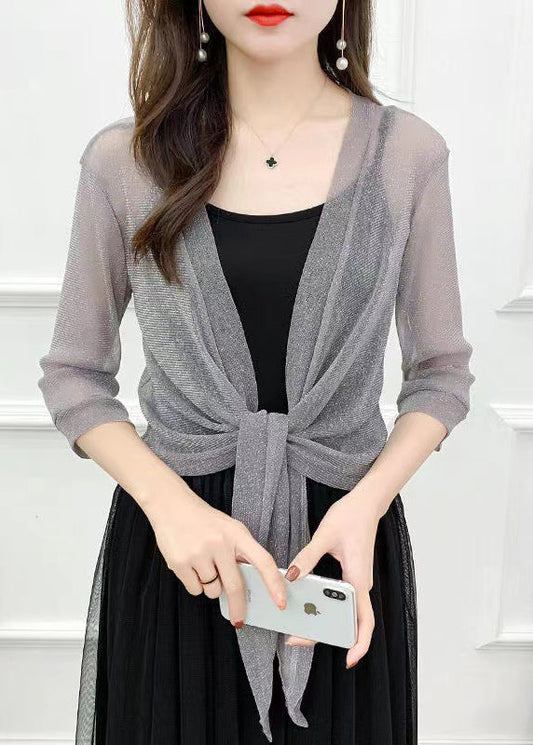 Grey Lace Up Tulle Cardigan V Neck Half Sleeve As1058