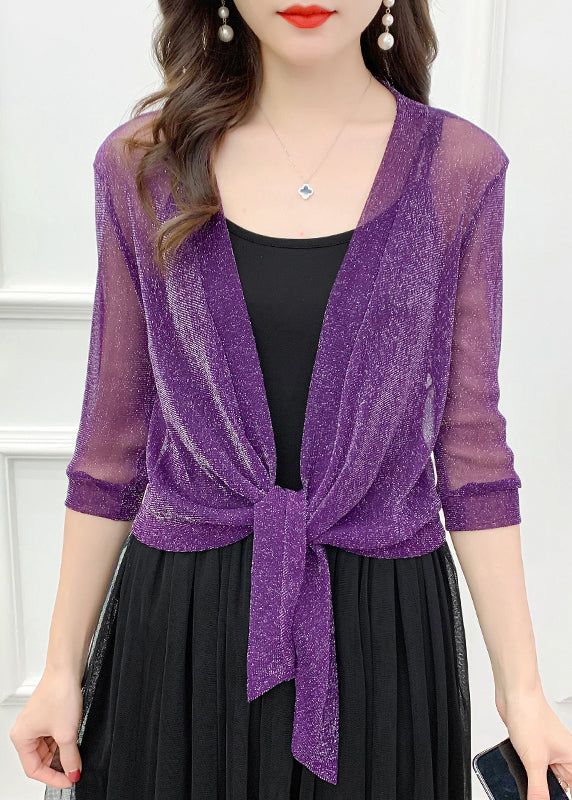 Grey Lace Up Tulle Cardigan V Neck Half Sleeve As1058