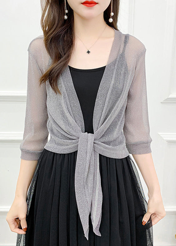 Grey Lace Up Tulle Cardigan V Neck Half Sleeve As1058