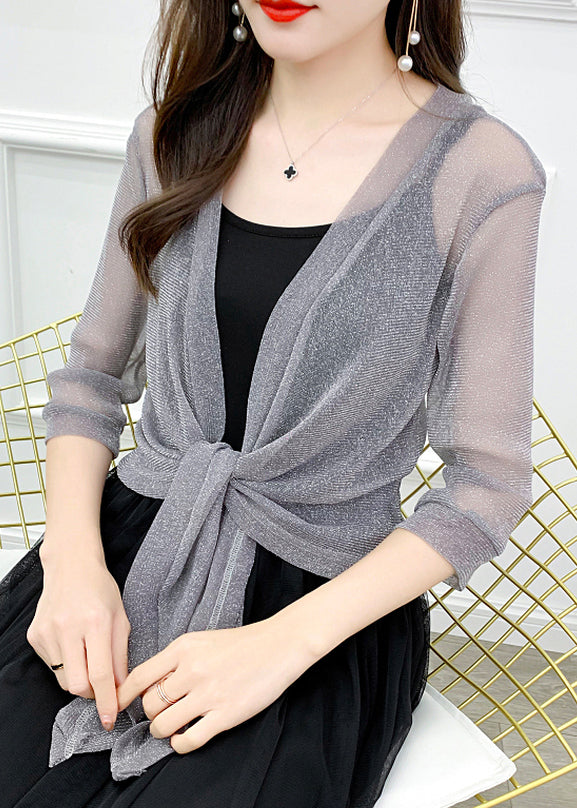 Grey Lace Up Tulle Cardigan V Neck Half Sleeve As1058