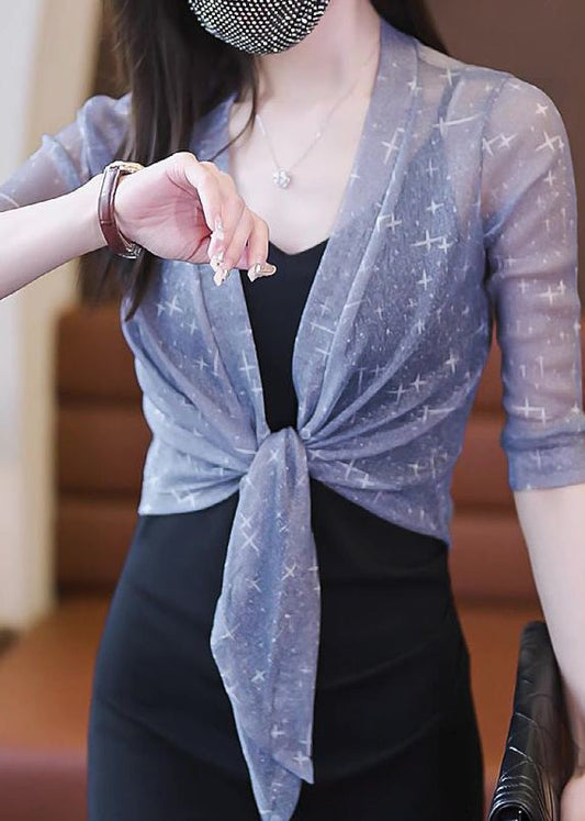 Grey Lace Up Tulle Thin Cardigan V Neck Half Sleeve As1060