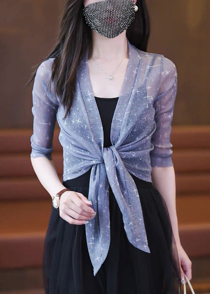 Grey Lace Up Tulle Thin Cardigan V Neck Half Sleeve As1060