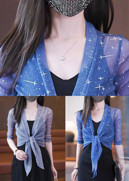 Slim Fit Blue V Neck Lace Up Tulle Cardigan Summer As1030
