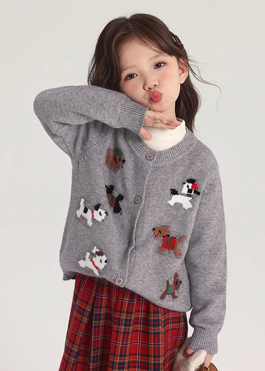 Grey O-neck Button Cotton Knit Cardigan Spring Tp046