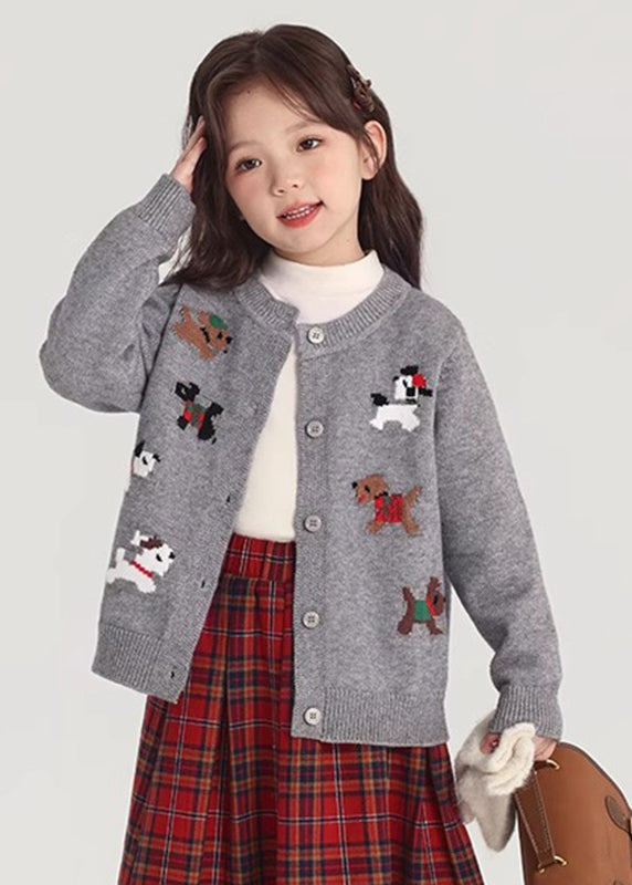 Grey O-neck Button Cotton Knit Cardigan Spring Tp046
