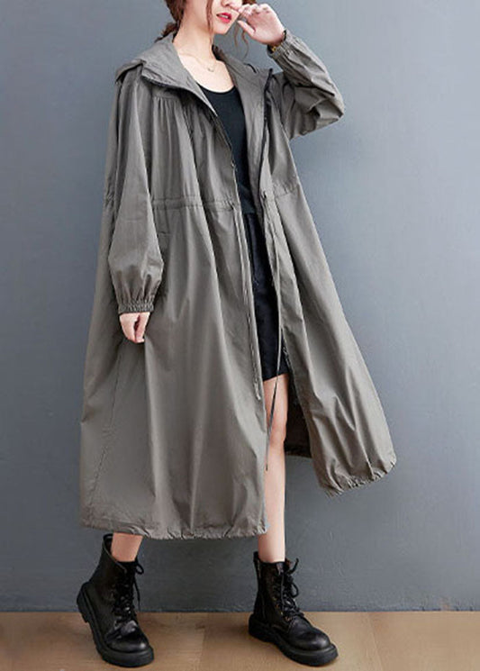 Grey Oversized Cotton Trench Coat Hooded Drawstring Spring Ly0657