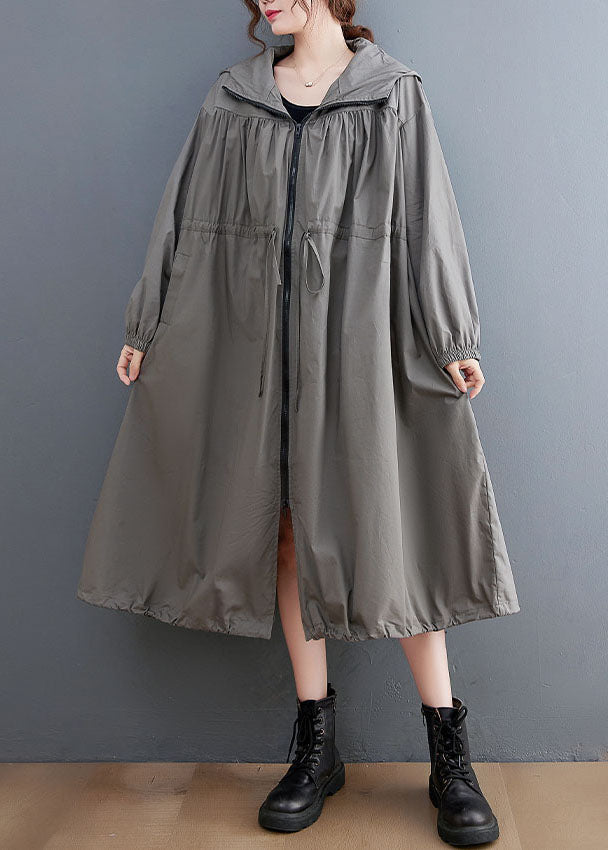 Grey Oversized Cotton Trench Coat Hooded Drawstring Spring Ly0657