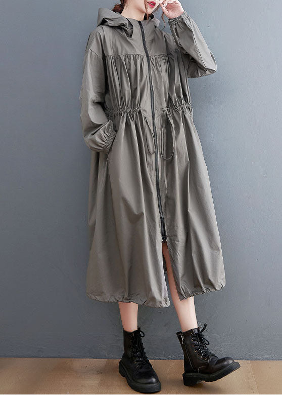 Grey Oversized Cotton Trench Coat Hooded Drawstring Spring Ly0657