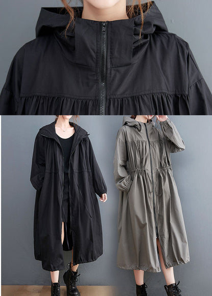 Grey Oversized Cotton Trench Coat Hooded Drawstring Spring Ly0657