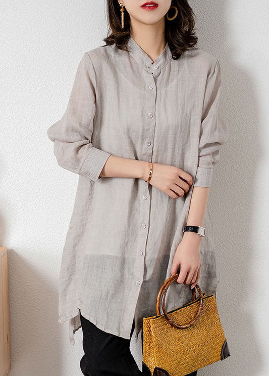 Grey Patchwork Linen Blouses Button Bracelet Sleeve Ly1476