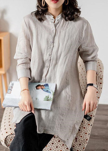 Grey Patchwork Linen Blouses Button Bracelet Sleeve Ly1476