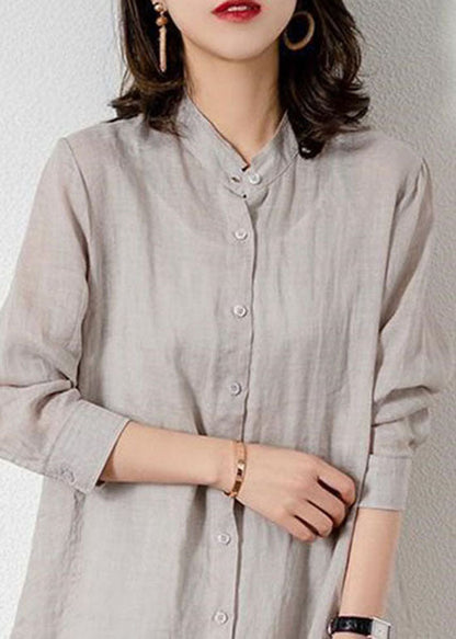 Grey Patchwork Linen Blouses Button Bracelet Sleeve Ly1476