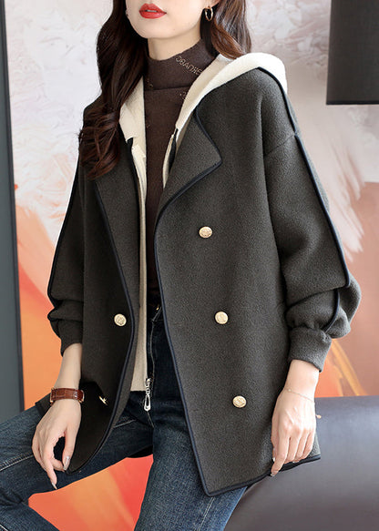Grey Patchwork Woolen Hooded Coat False Two Pieces Winter Rs023