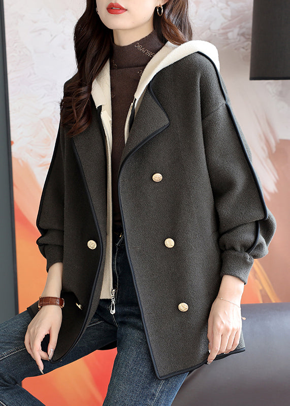 Grey Patchwork Woolen Hooded Coat False Two Pieces Winter Rs023