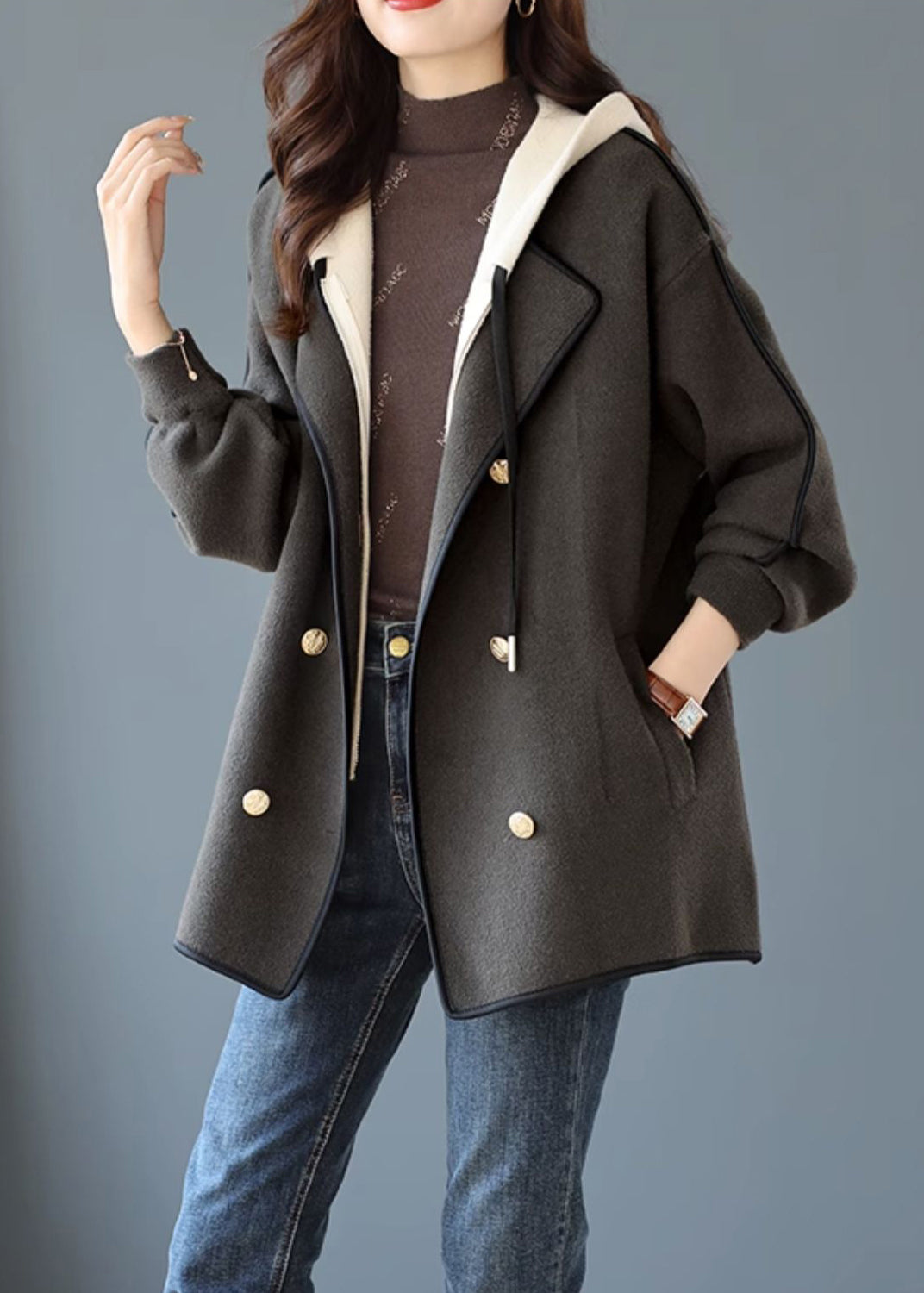 Grey Patchwork Woolen Hooded Coat False Two Pieces Winter Rs023