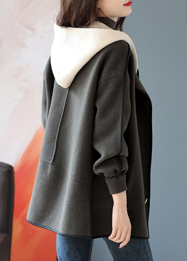 Grey Patchwork Woolen Hooded Coat False Two Pieces Winter Rs023