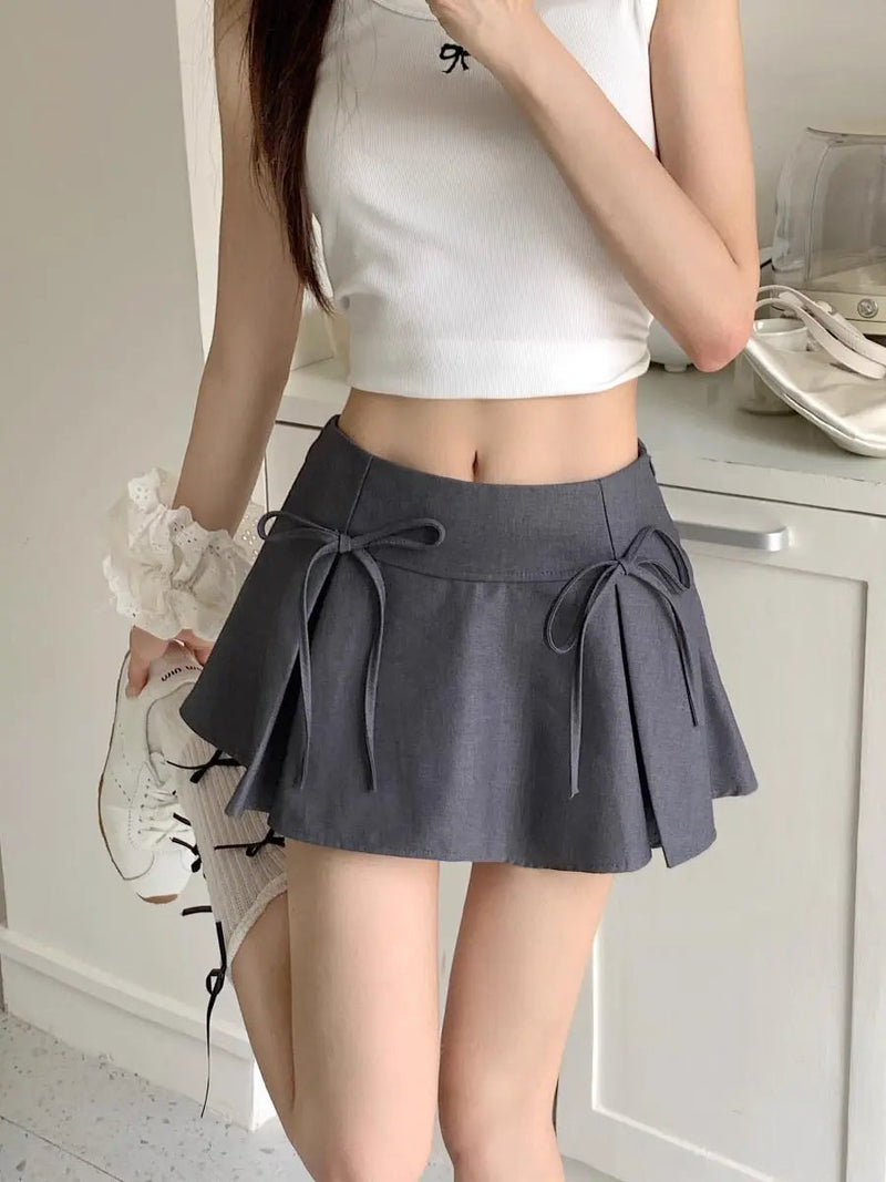 Grey Bow Pleated Skirt