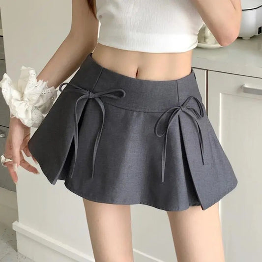 Grey Bow Pleated Skirt