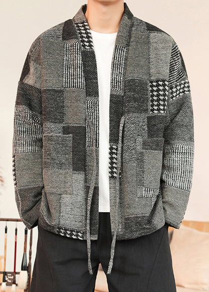 Grey Pockets Patchwork Woolen Coat V Neck Winter Ro031