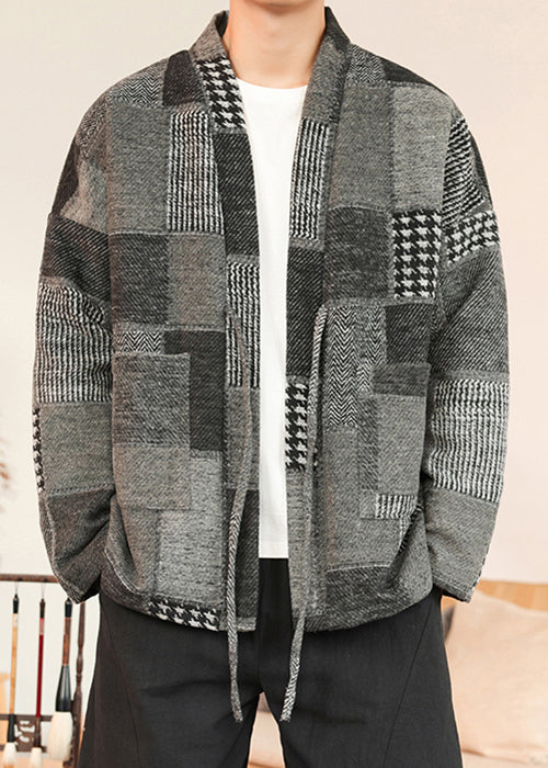 Grey Pockets Patchwork Woolen Coat V Neck Winter Ro031