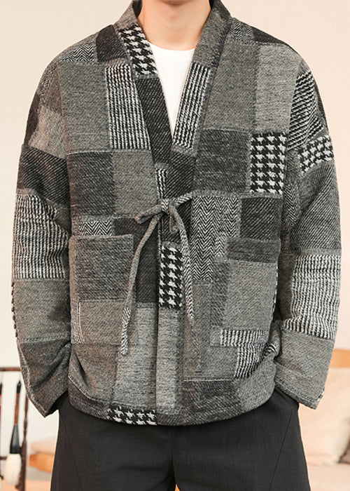 Grey Pockets Patchwork Woolen Coat V Neck Winter Ro031