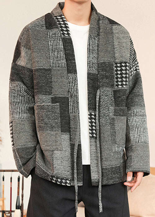 Grey Pockets Patchwork Woolen Coat V Neck Winter Ro031