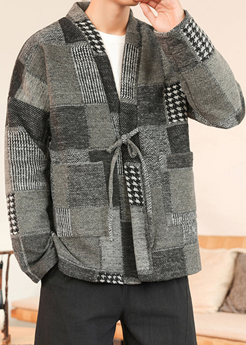 Grey Pockets Patchwork Woolen Coat V Neck Winter Ro031