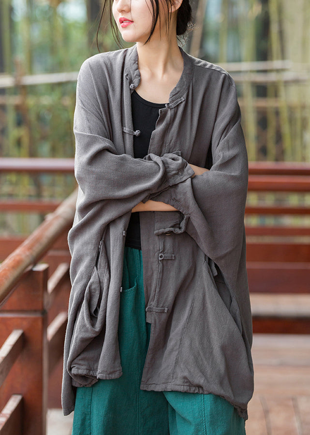 Grey Pockets Linen Coats Stand Collar Fall Qe036