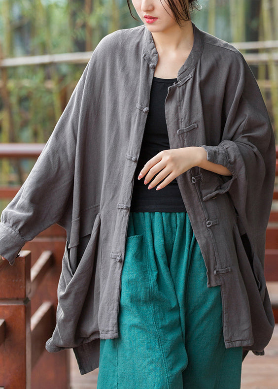 Grey Pockets Linen Coats Stand Collar Fall Qe036