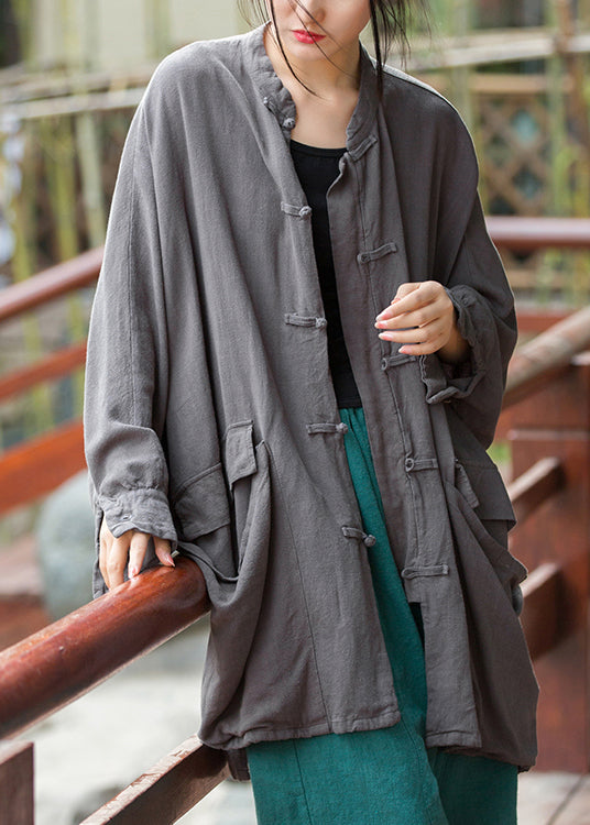 Grey Pockets Linen Coats Stand Collar Fall Qe036
