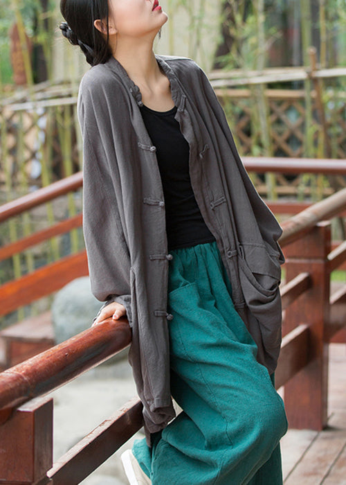 Grey Pockets Linen Coats Stand Collar Fall Qe036