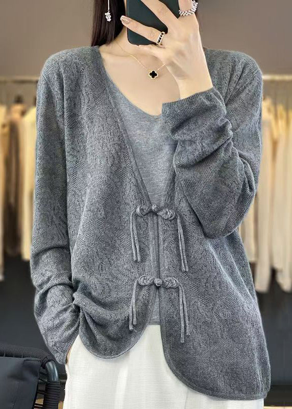 Grey Cozy Knit Cardigans V Neck Long Sleeve Ab1048