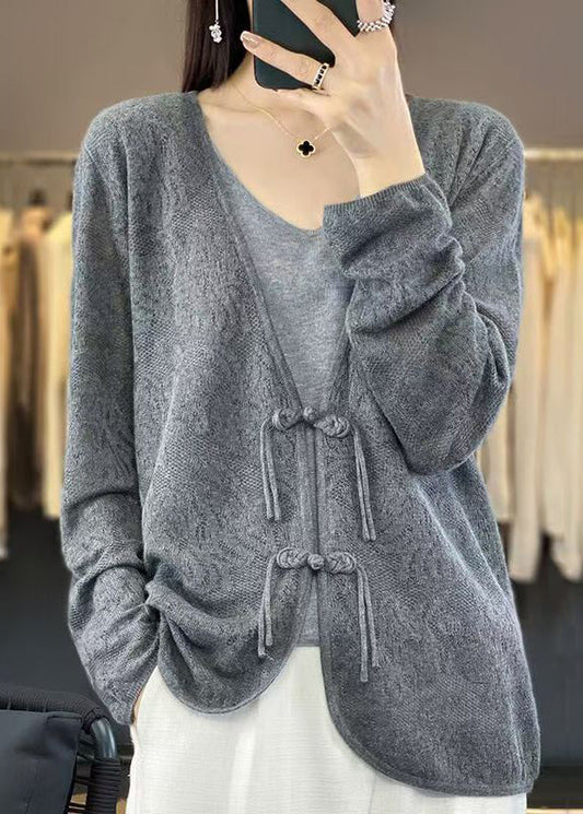 Grey Cozy Knit Cardigans V Neck Long Sleeve Ab1048