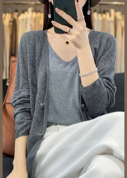 Grey Cozy Knit Cardigans V Neck Long Sleeve Ab1048