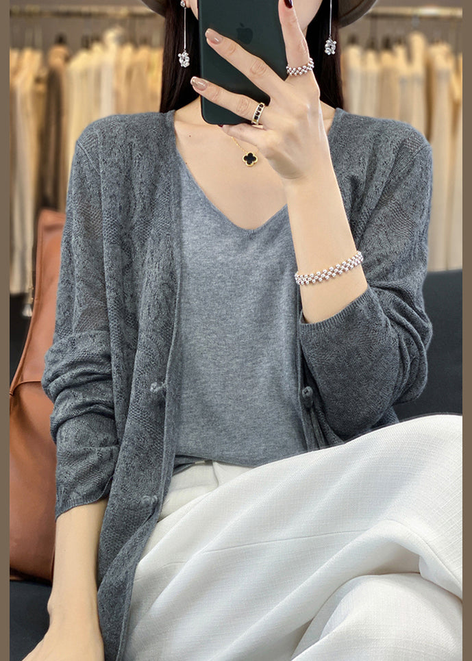 Grey Cozy Knit Cardigans V Neck Long Sleeve Ab1048
