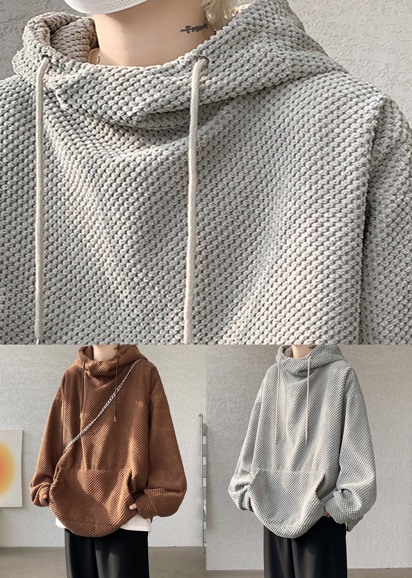 Grey Loose Corduroy Sweatshirt Hooded Fall Rp058