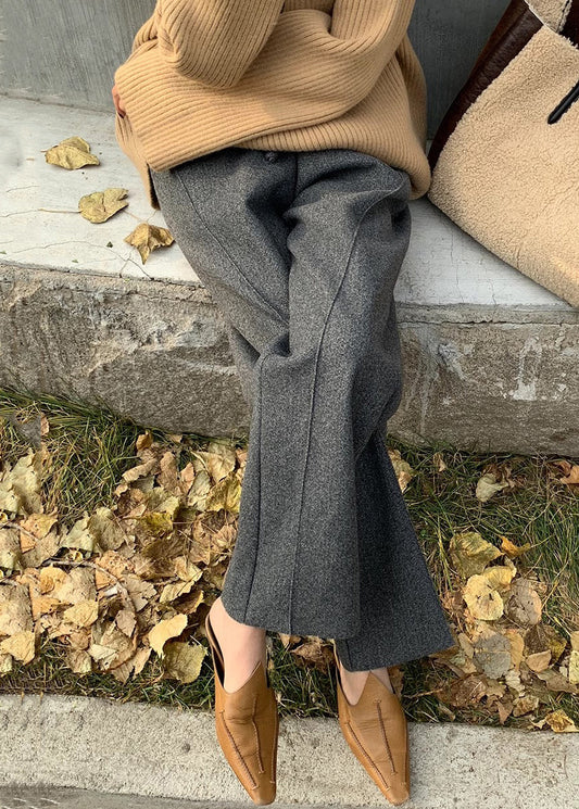Grey Pockets Woolen Pants Elastic Waist Winter Rf019