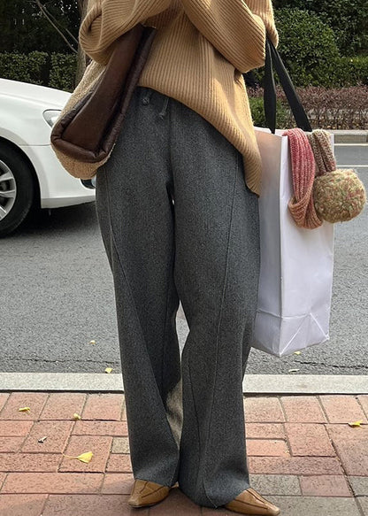Grey Pockets Woolen Pants Elastic Waist Winter Rf019